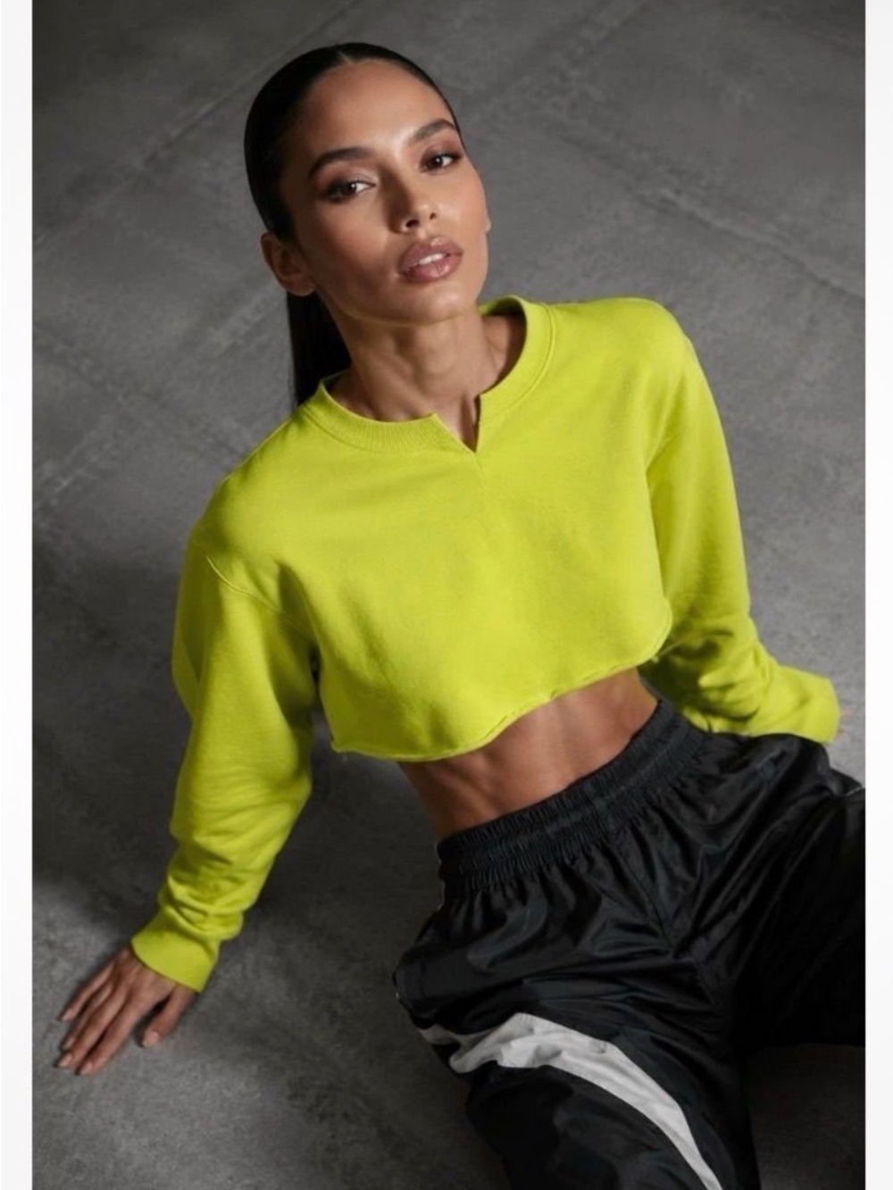 aerie | Neon Lime Cropped Distressed Long Sleeve Sweatshirt